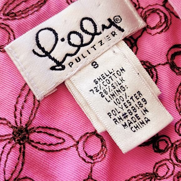 Vintage Lily Pulitzer Sleeveless Pink & Brown Embroidered Mini Dress Sz 8 Cotton - Picture 10 of 10